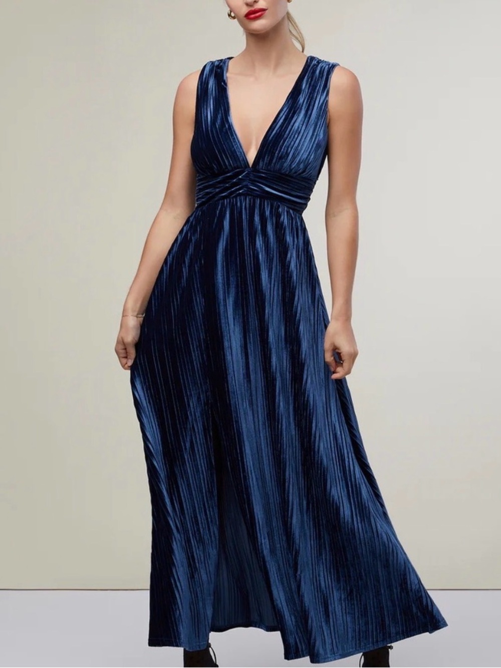 Rachel Purcell  Blue Velvet Pleated Maxi Dress